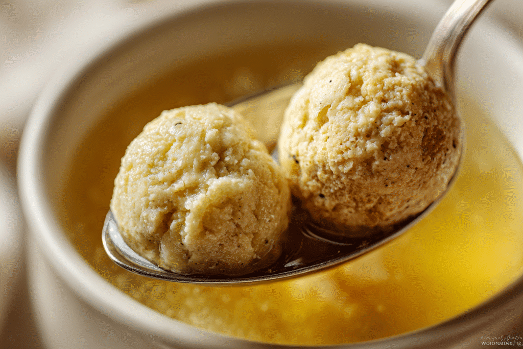 Amazing Vegan Matzo Ball Soup (The Secret to No-Crumble Balls) 6 Two vegan matzo balls side-by-side, one fluffy and airy, the other dense and firm, each resting on a spoon over golden broth