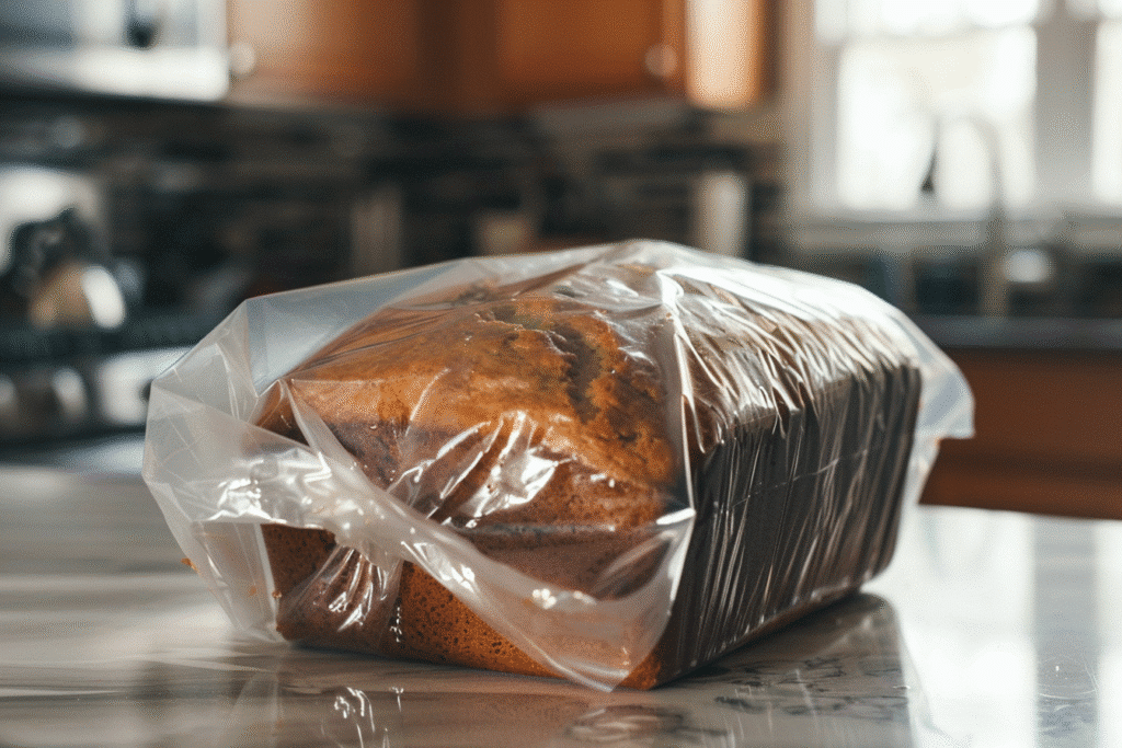 The Best Moist & Easy Gluten Free Banana Bread 10 A loaf of cooled gluten-free banana bread being wrapped in plastic wrap for storage.