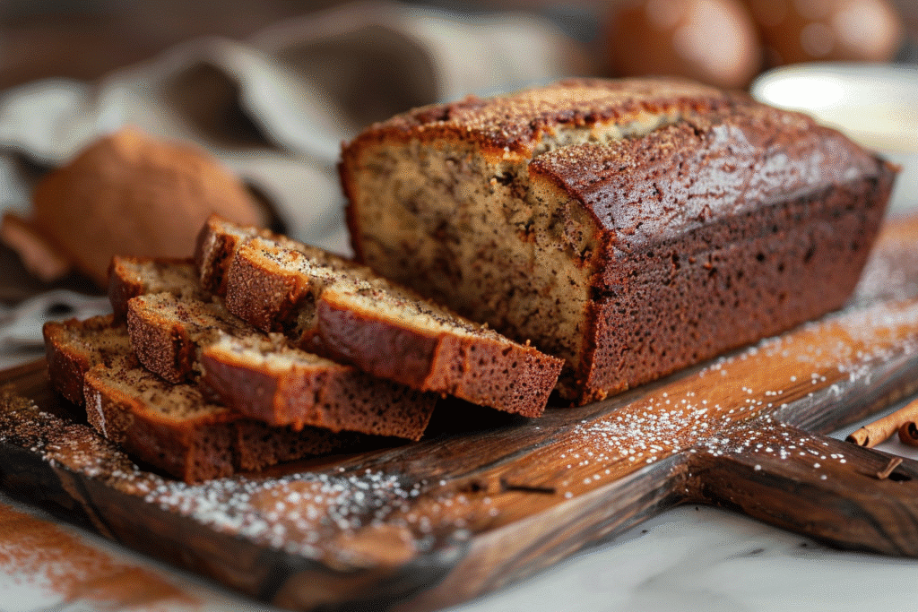 A Beginner's Guide to Living Gluten-Free and Dairy-Free 4 A slice of moist gluten-free banana bread on a rustic wooden board, with the rest of the loaf in the background.