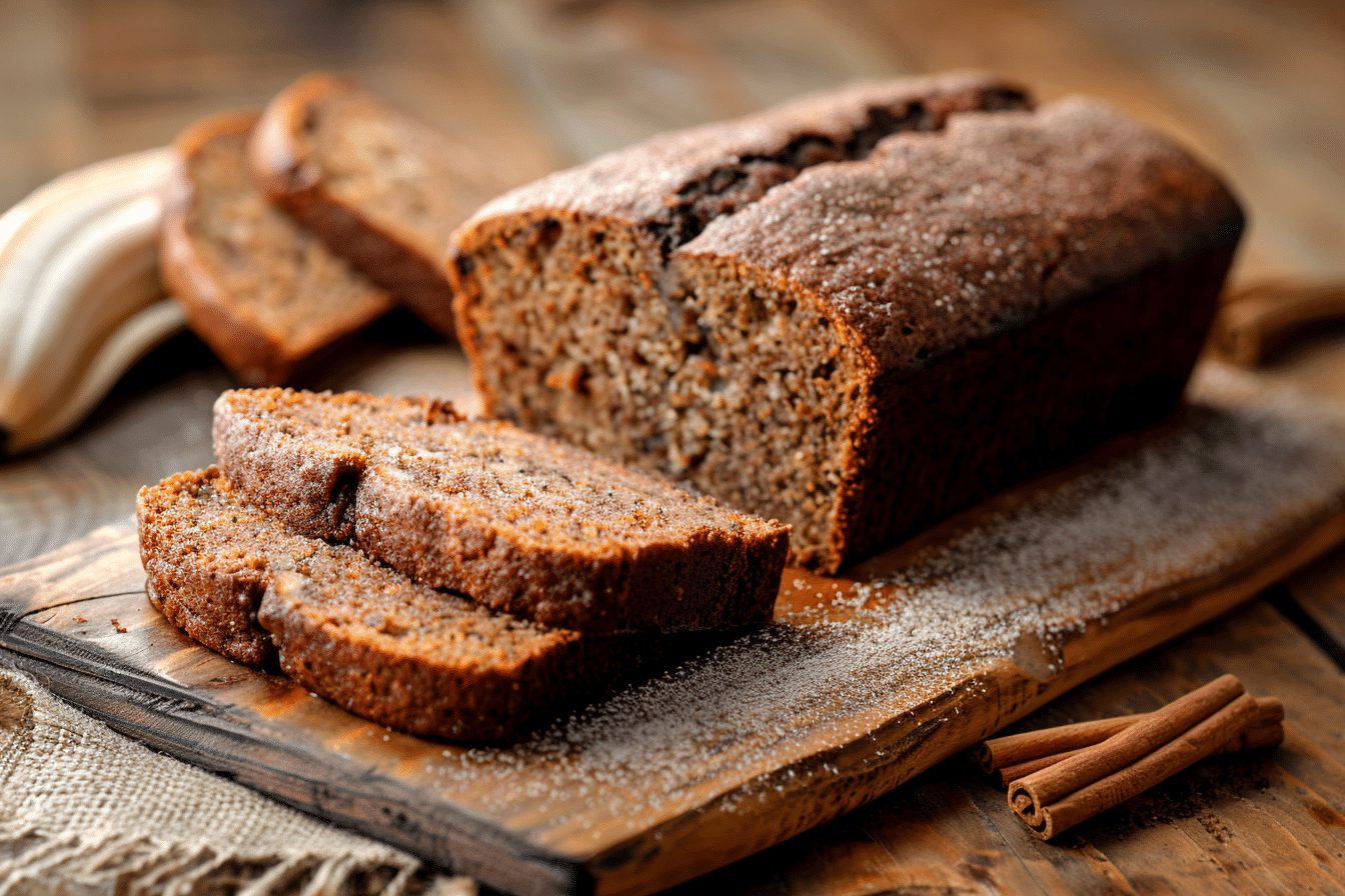 A slice of moist gluten-free banana bread on a rustic wooden board, with the rest of the loaf in the background.