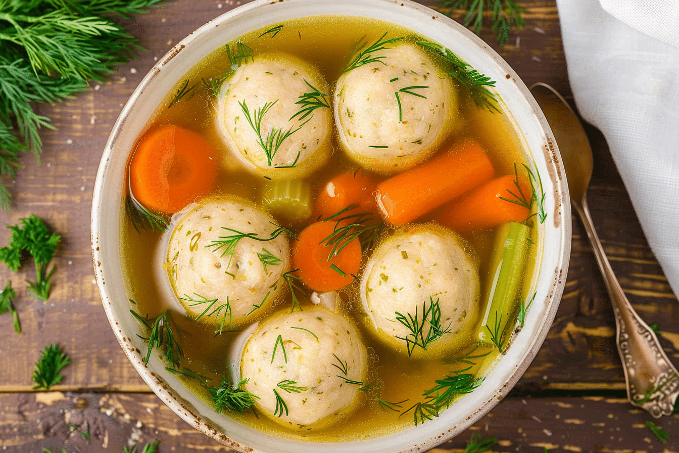 Hero image of vegan matzo ball soup in a rustic bowl with golden broth, fluffy matzo balls, fresh dill, carrots, and celery