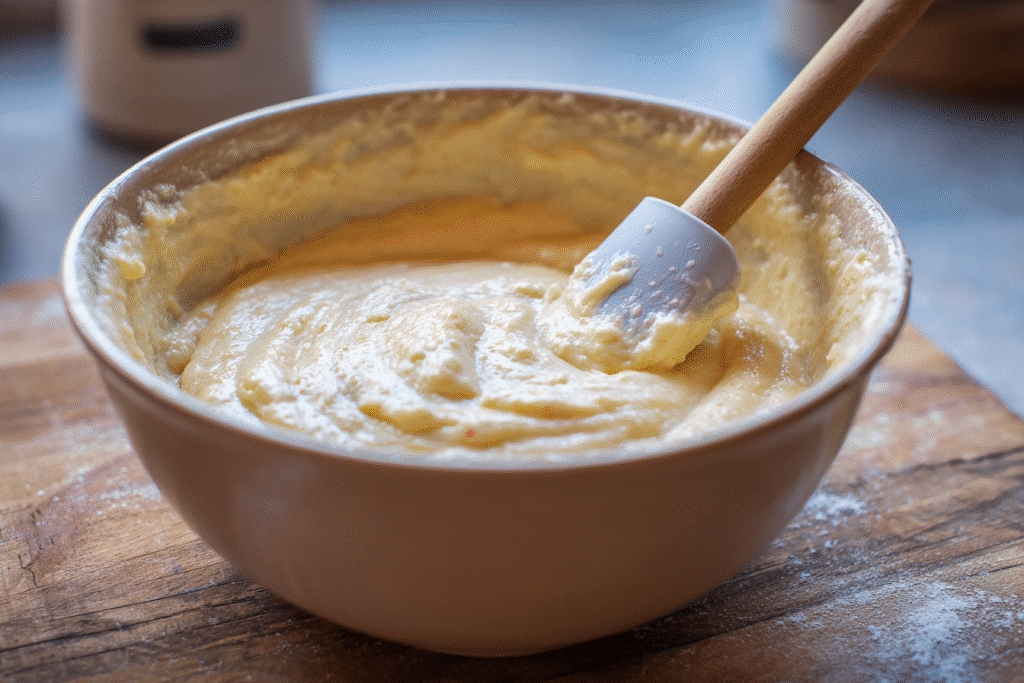 The Ultimate Guide to Gluten Free Dairy Free Cupcakes 3 Lightly mixed gluten-free cupcake batter in a bowl with a silicone spatula, resting on a countertop with a kitchen timer set for 15 minutes