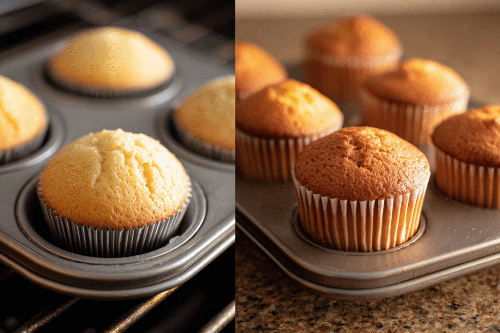 The Ultimate Guide to Gluten Free Dairy Free Cupcakes 4 Side-by-side comparison showing sunken gluten-free cupcakes in a muffin tin on one side, and perfectly risen cupcakes made with superfine flour and binders on the other