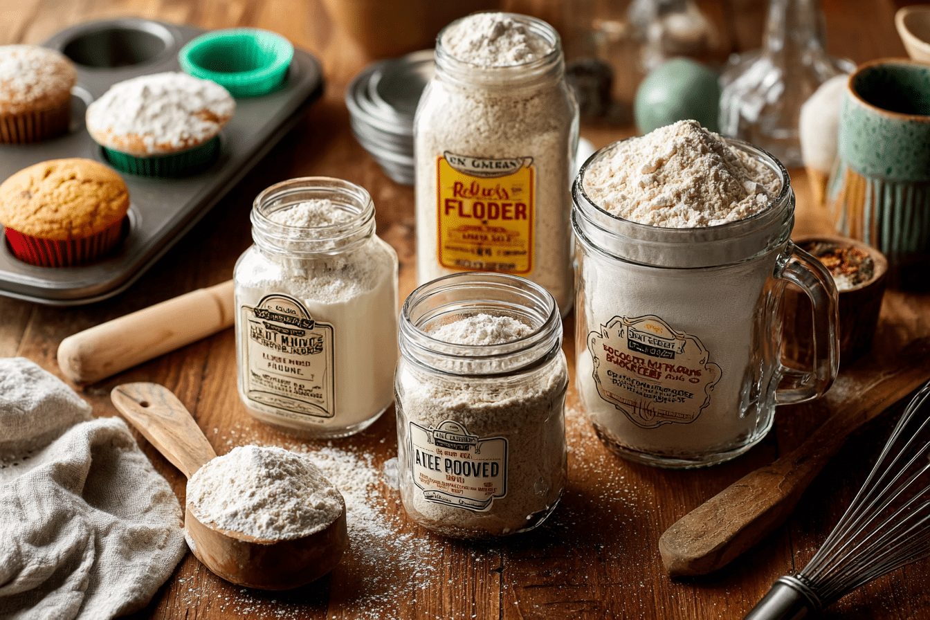 Labeled gluten free flour blends in jars and bags on a wooden countertop, with measuring spoons and a muffin tin in the background