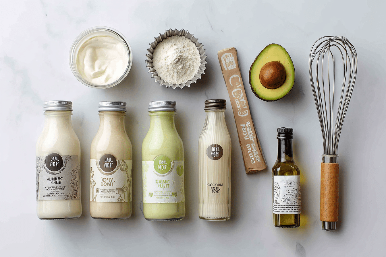 Dairy free baking ingredients including almond milk, oat milk, vegan butter sticks, coconut oil, and avocado oil arranged neatly on a kitchen counter.