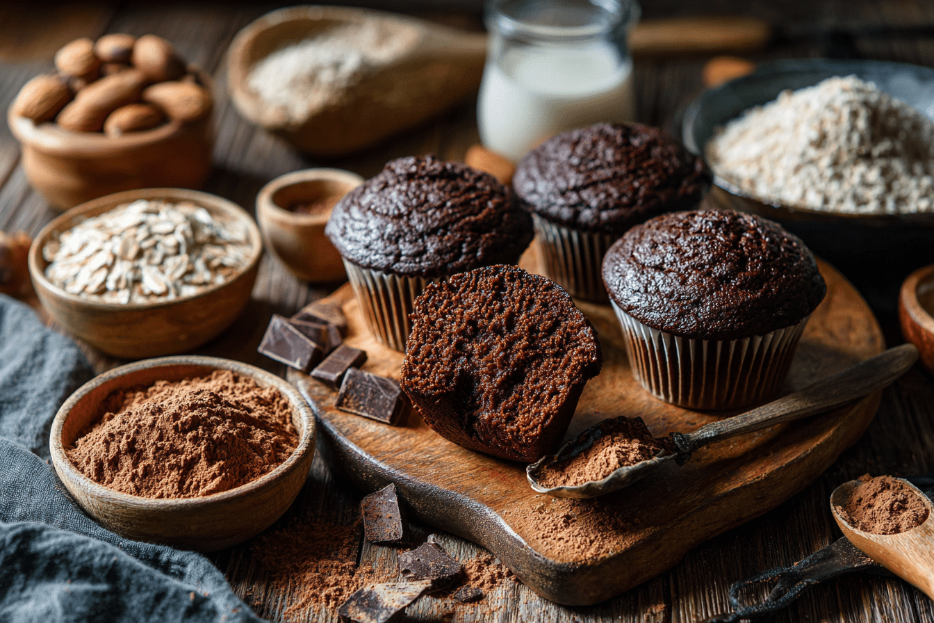 Gluten free dairy free chocolate cupcakes on a rustic wooden table, one cut open to show moist texture, with cocoa powder, almond milk, and baking tools nearby