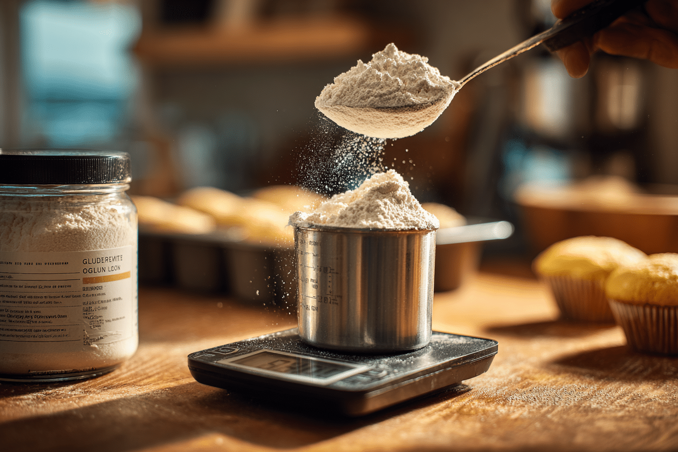 A baker measuring gluten free flour with a spoon and scale, showing proper baking technique on a wooden kitchen counter with cupcake pan nearby.