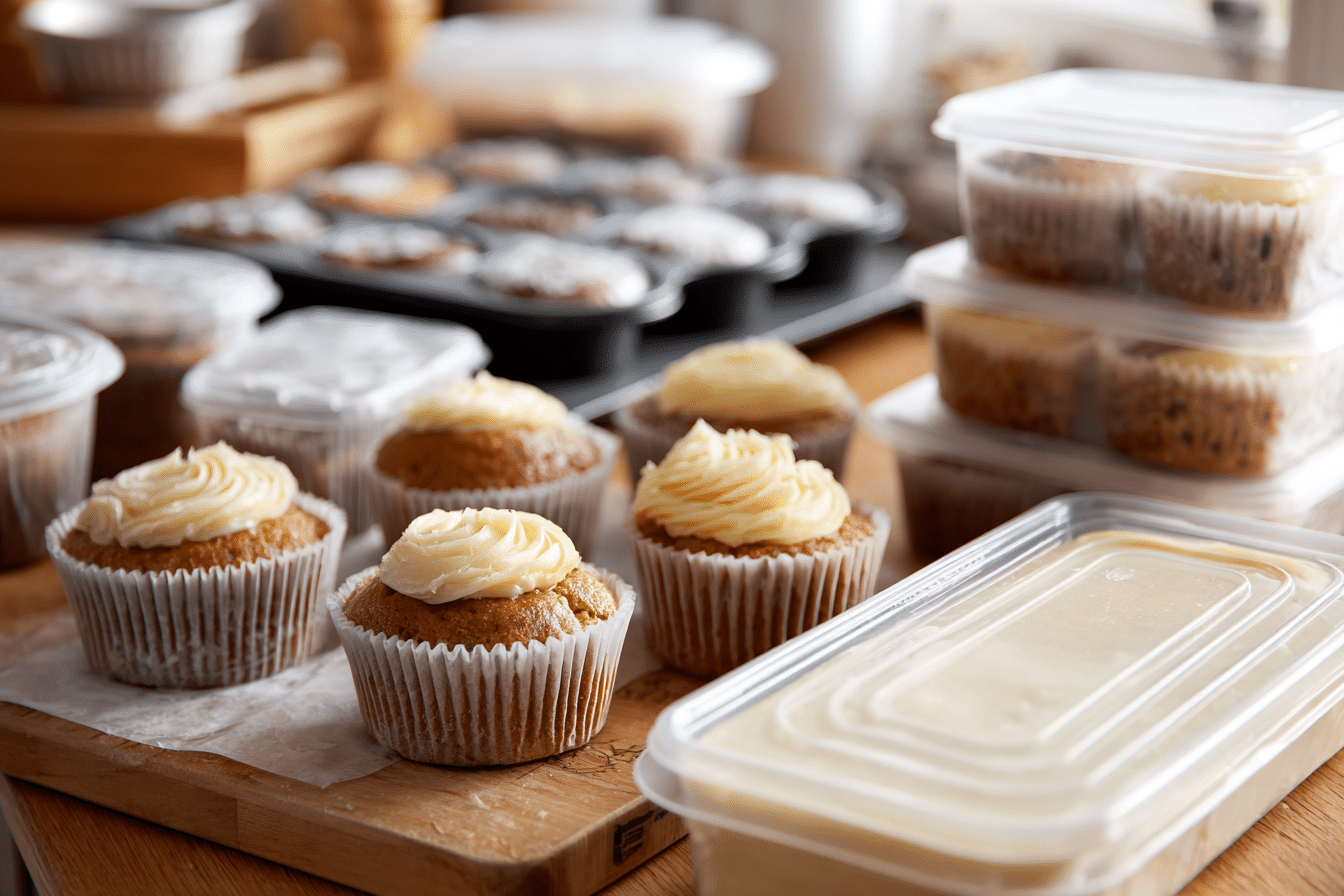 Gluten free dairy free cupcakes stored in containers and wrapped for freezing, with some thawing on a kitchen counter, and others being microwaved or labeled