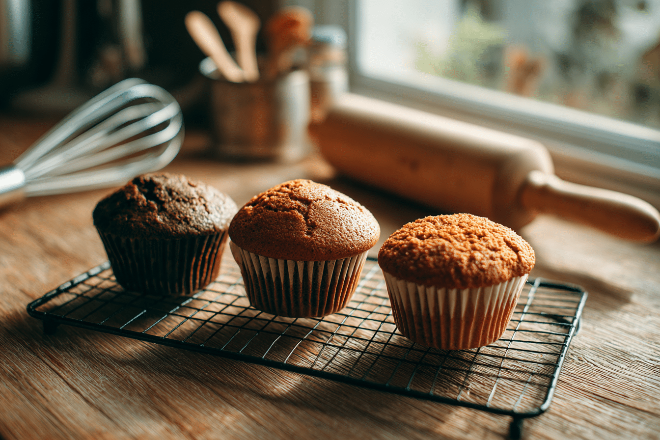 Three gluten free cupcakes showing common baking issues: sunken middle, cracked top, and dry texture, with labeled cards and kitchen tools around them