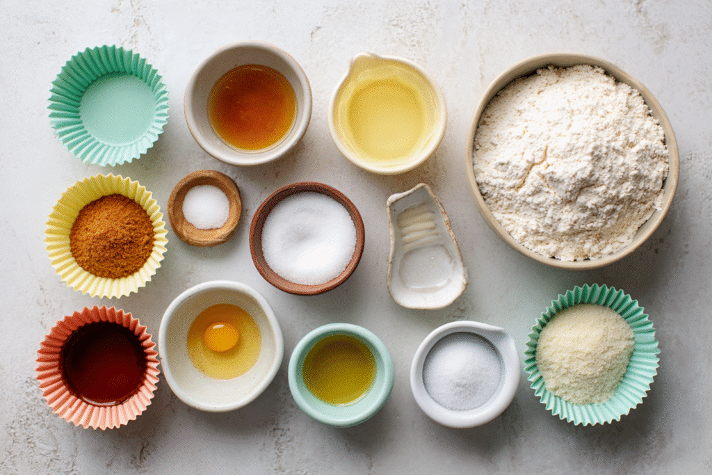 Mini & Small Batch Cupcake Recipes for Gluten-Free Dairy-Free Baking 2 Top-down photo-realistic image of ingredients for small batch gluten free dairy free vanilla cupcakes arranged in small bowls and measuring cups: gluten-free flour, coconut sugar, almond milk, apple cider vinegar, avocado oil, vanilla extract, and a prepared flax egg. Ingredients laid out on a clean kitchen counter beside a small 6-cup muffin tin with pastel liners, soft natural light, modern food blog aesthetic