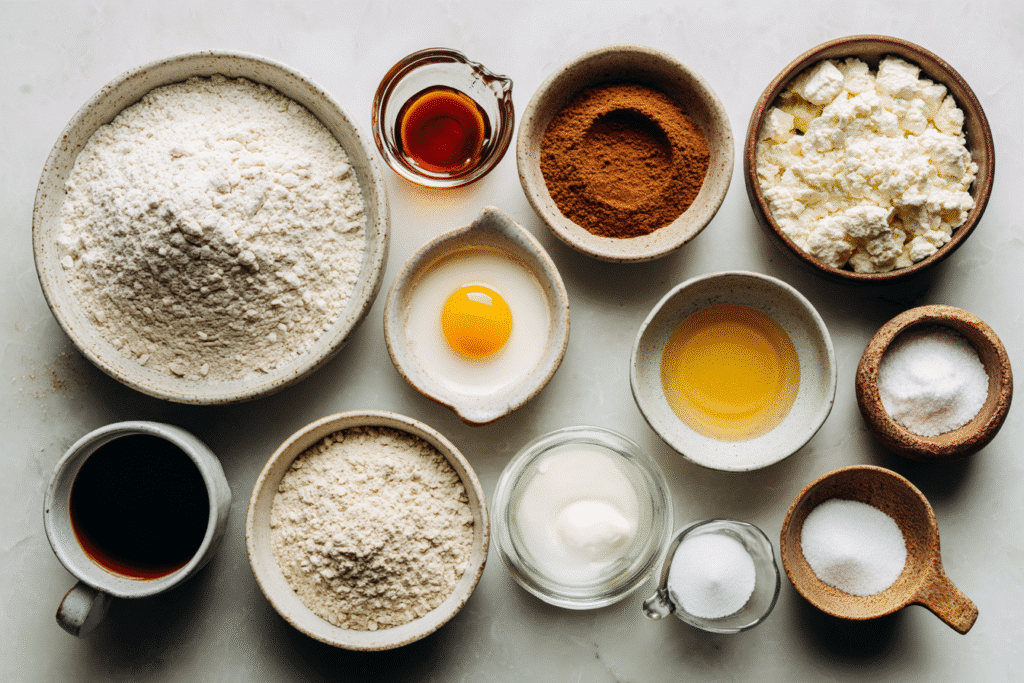 Vegan-Friendly Cupcakes: Gluten, Dairy, and Egg-Free Baking 2 Top-down view of labeled ingredients for vegan gluten free dairy free vanilla cupcakes, including gluten-free flour, coconut sugar, almond milk, avocado oil, and flax egg in bowls on a marble countertop.