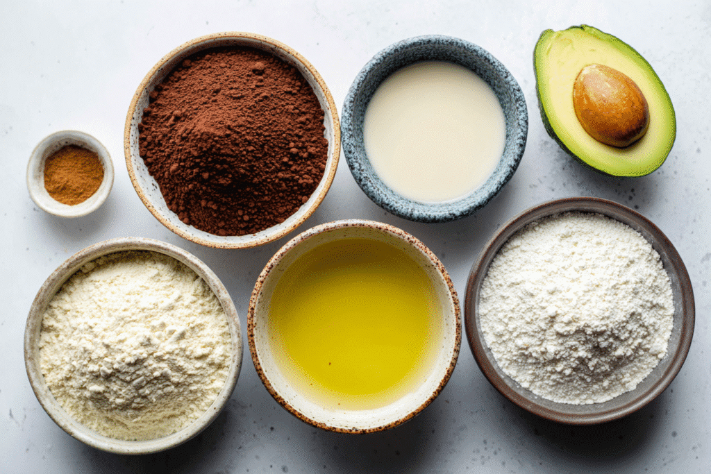 The Best Gluten-Free Dairy-Free Chocolate Cupcakes 2 Top-down view of gluten free and dairy free cupcake ingredients in ceramic bowls: cocoa powder, oat flour, almond milk, avocado oil, flax egg, and coconut sugar.