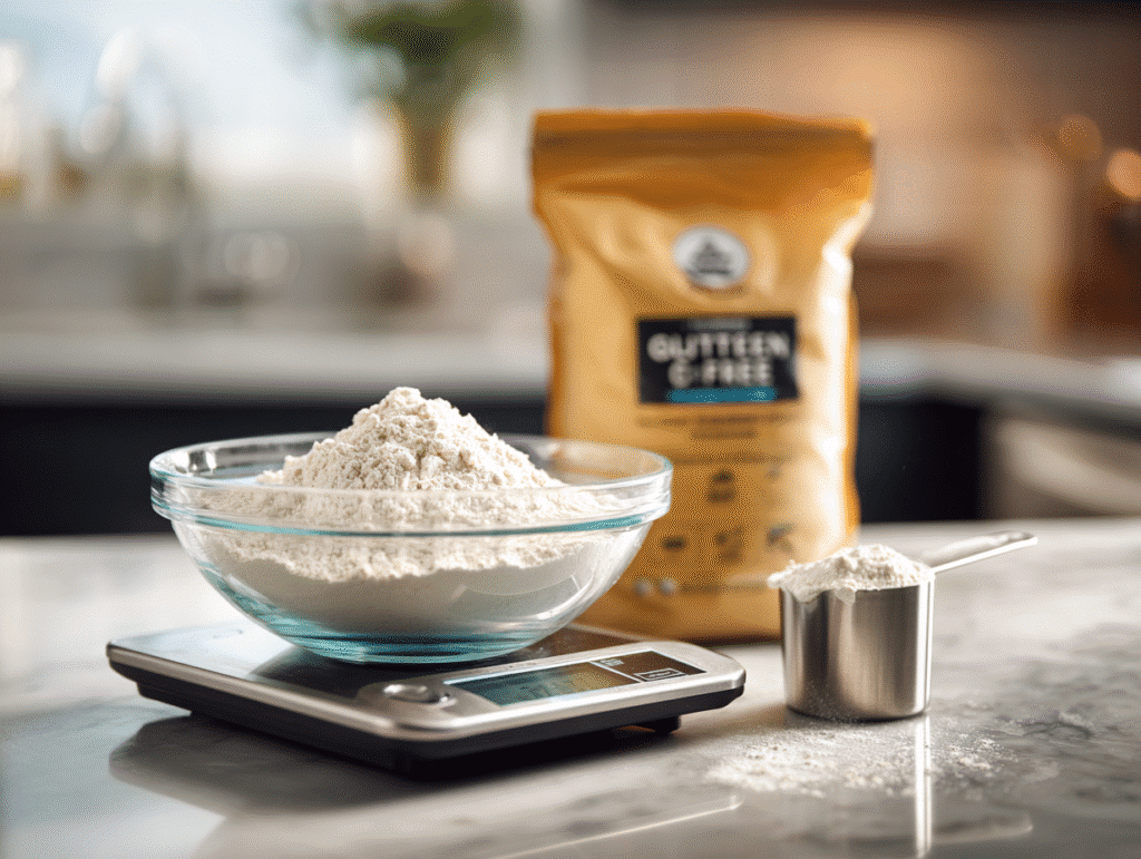 The Ultimate Guide to Gluten Free Dairy Free Cupcakes 2 Digital kitchen scale weighing gluten-free flour in a glass bowl, with a measuring cup and gluten-free flour bag beside it on a clean counter.
