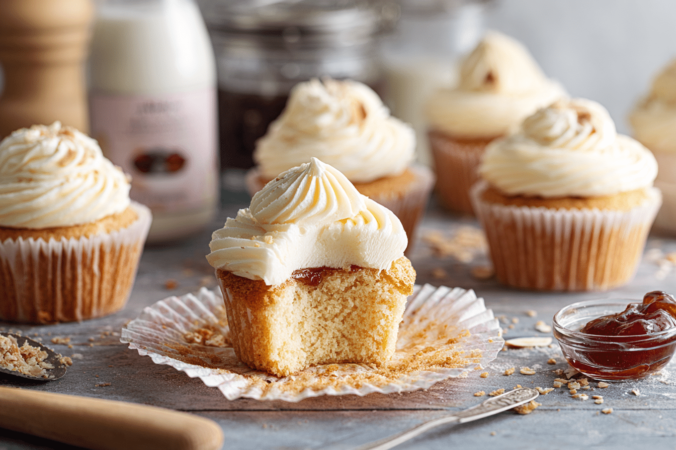 Gluten free dairy free cupcakes on a rustic wooden table with almond flour, coconut milk, and baking tools in the background, styled in natural light.